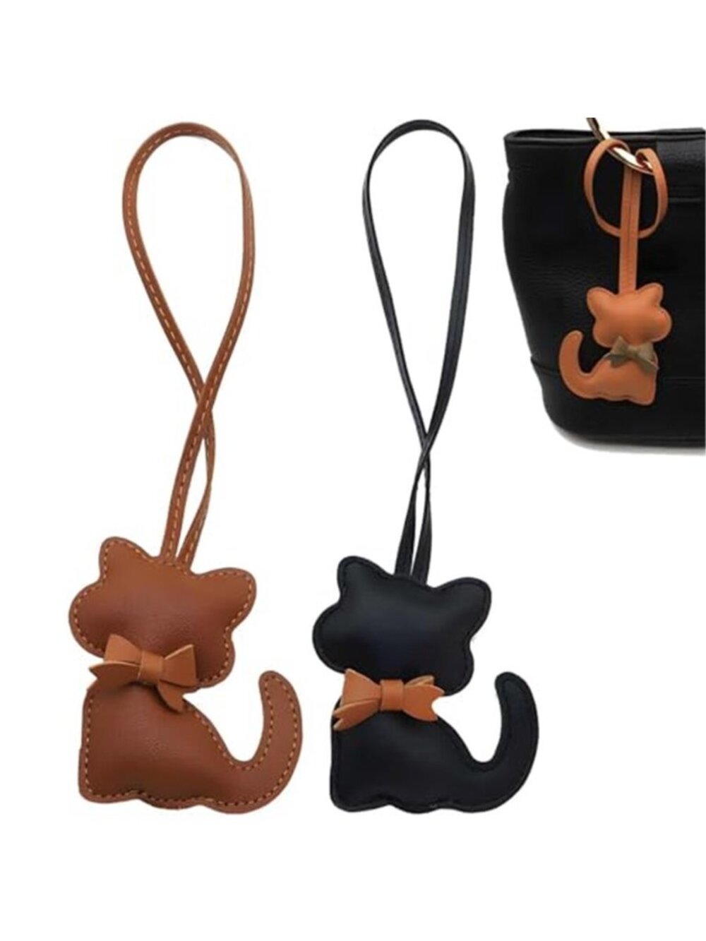 2PC Cat Bag Charms Black Brown PU Leather Keychains Purse Handbag Accessories